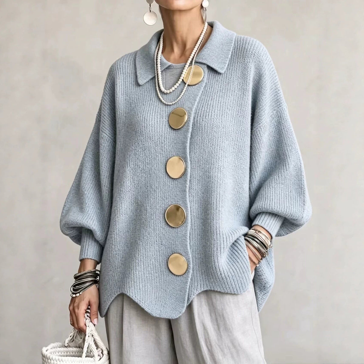 Cardigan femme oversize à col boutonné en maille côtelée