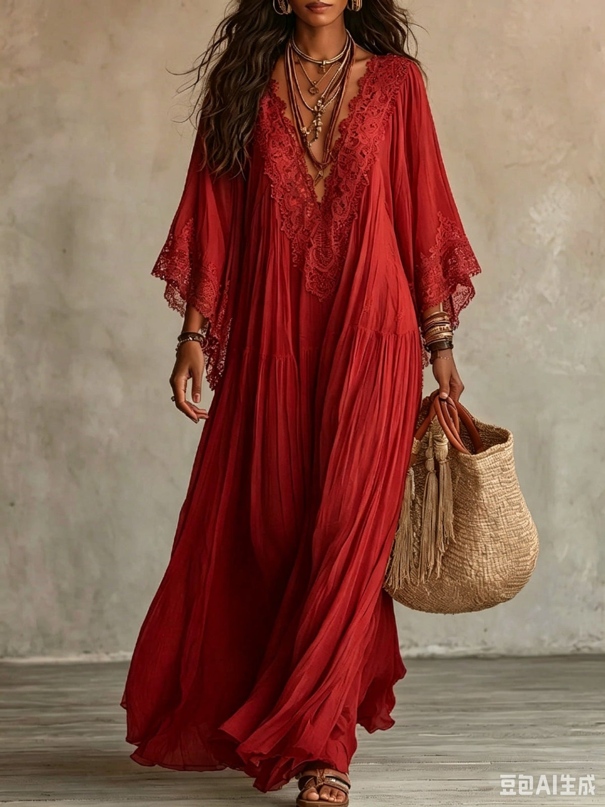 Robe maxi femme bohème fluide avec dentelle raffinée