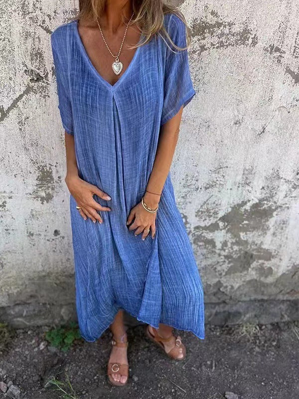 Robe d'été ample en coton et lin à col en V pour femmes