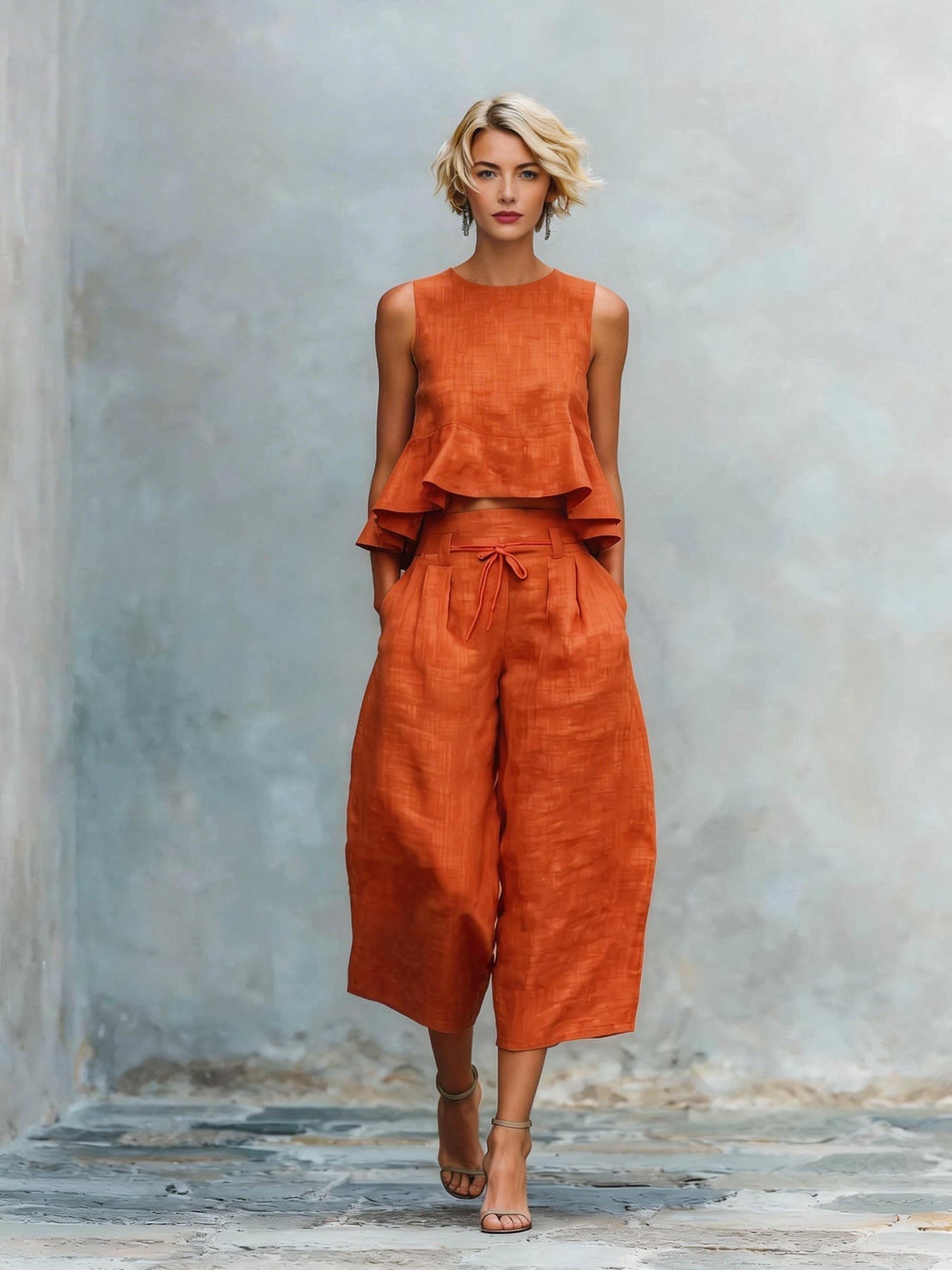 Ensemble femme deux pièces avec haut volanté et pantalon large