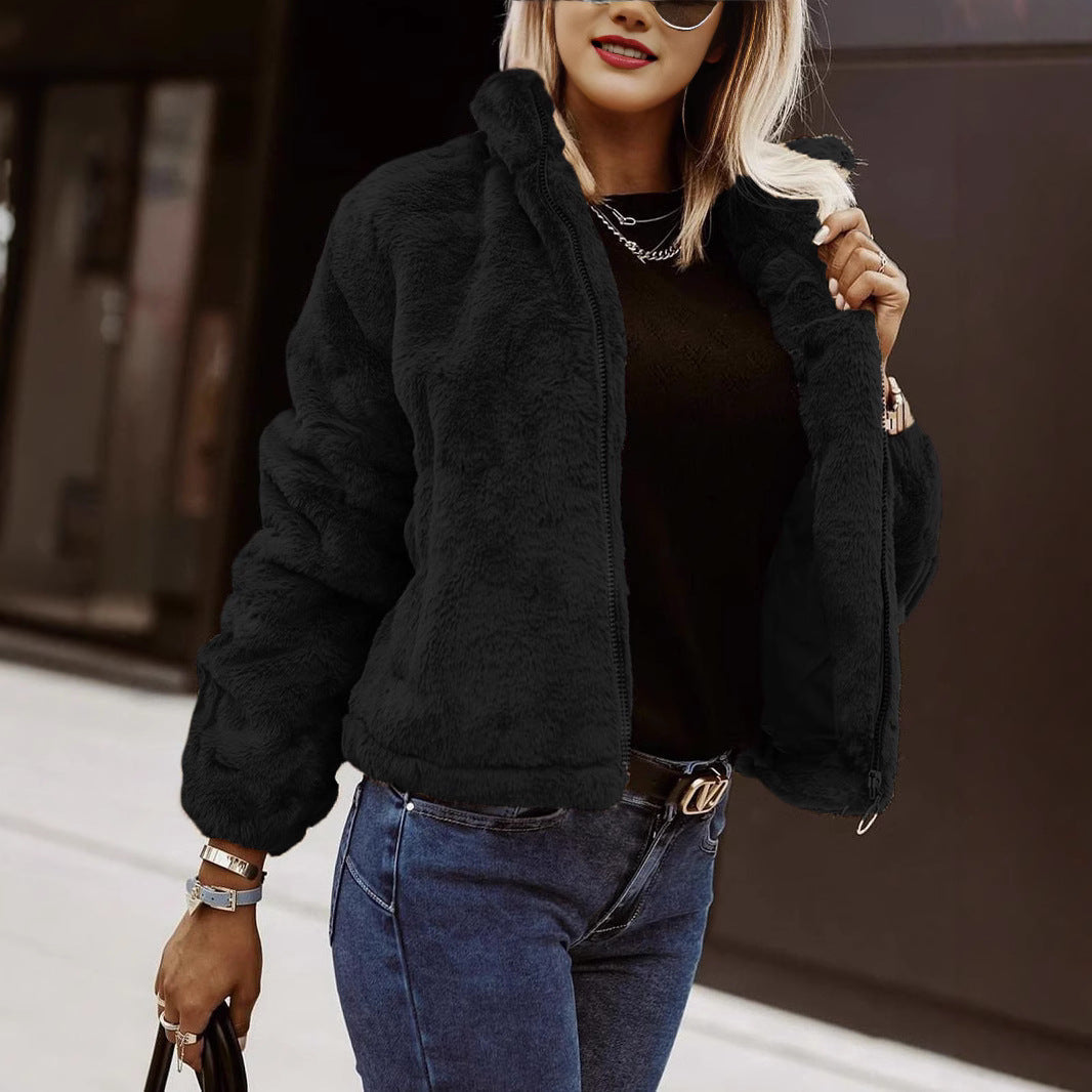 Veste Teddy Femme Style Bomber Doux Fermeture Zippée Confort Quotidien