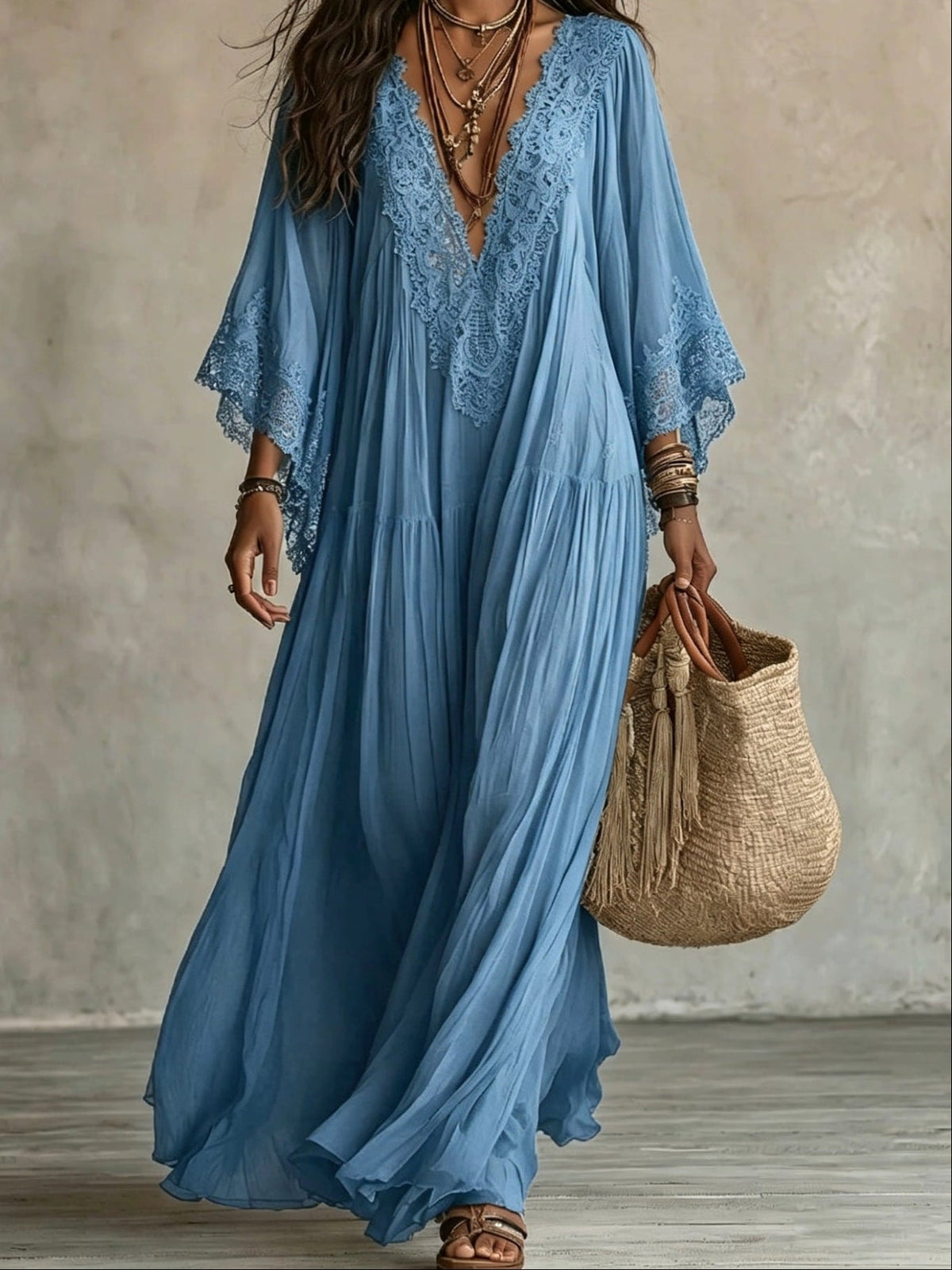 Robe maxi femme bohème fluide avec dentelle raffinée