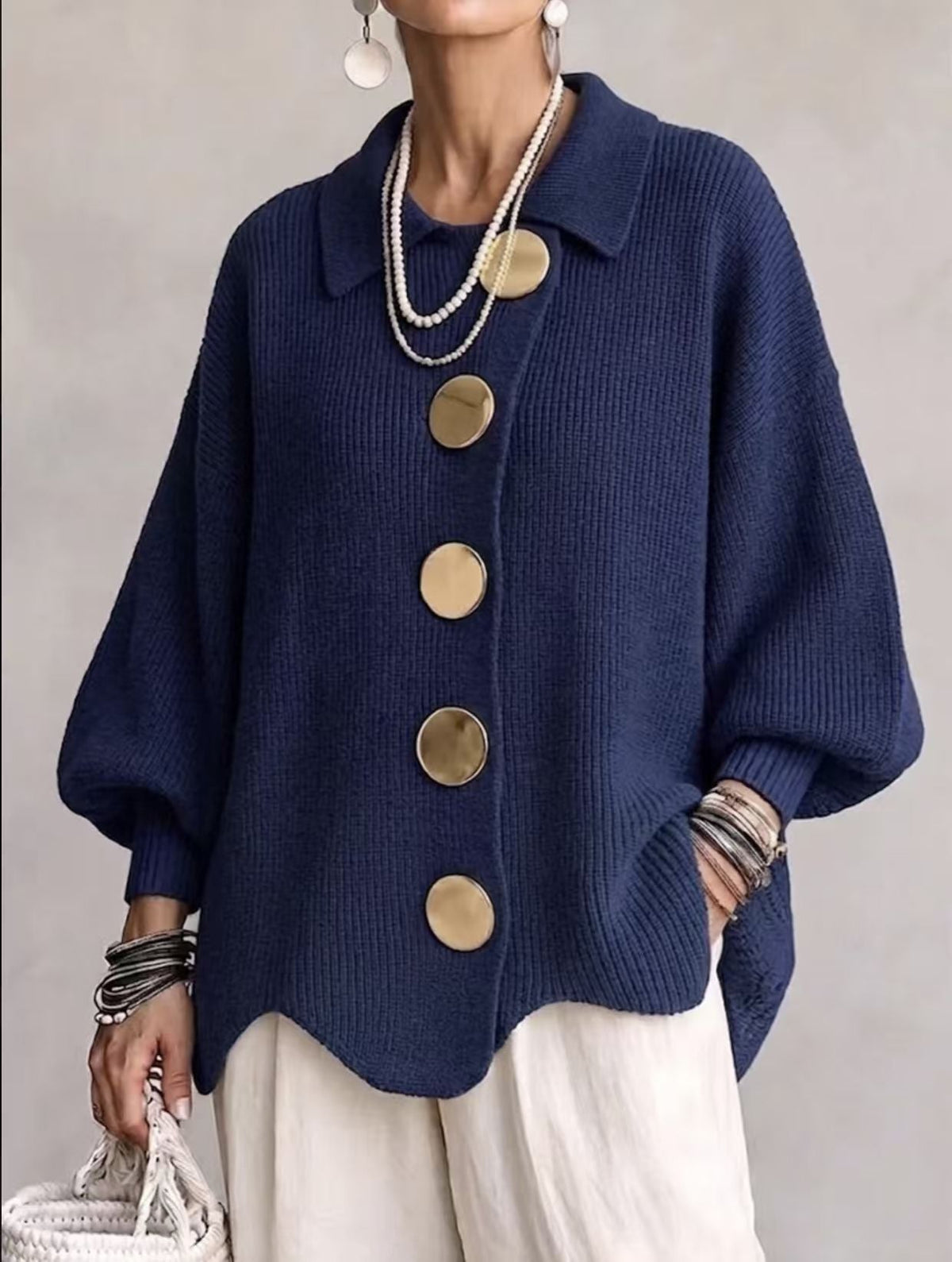 Cardigan femme oversize à col boutonné en maille côtelée