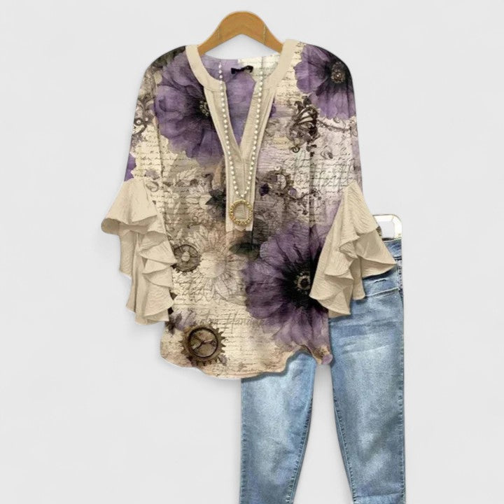 Blouse Femme Bohème à Imprimé Floral et Manches Volantées