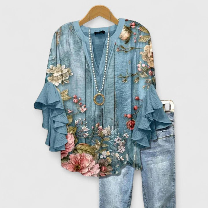 Blouse Femme Bohème à Imprimé Floral et Manches Volantées