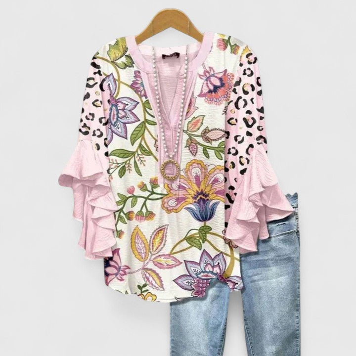 Blouse Femme Bohème à Imprimé Floral et Manches Volantées