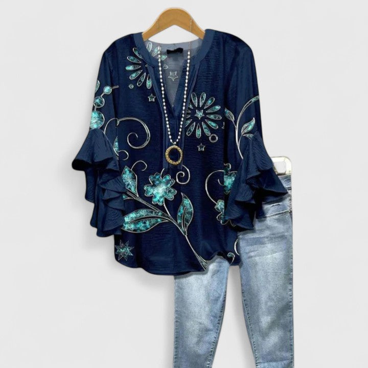 Blouse Femme Bohème à Imprimé Floral et Manches Volantées