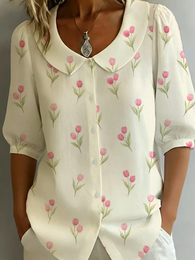 Blouse Femme Imprimé Floral Col Rond Boutonné Coupe Confortable
