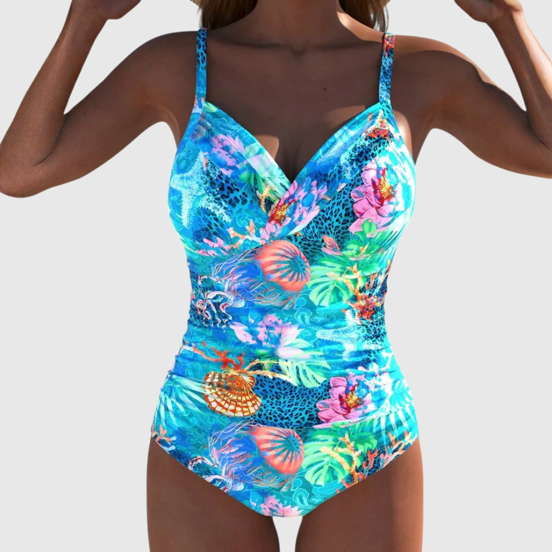 Maillot de Bain Une Pièce Femme Col V Croisé Imprimé Marin Tropical Froncé
