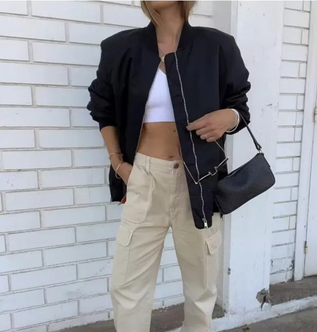Bomber Femme Oversize Tendance Fermeture Zippée Coupe Ample Urbaine