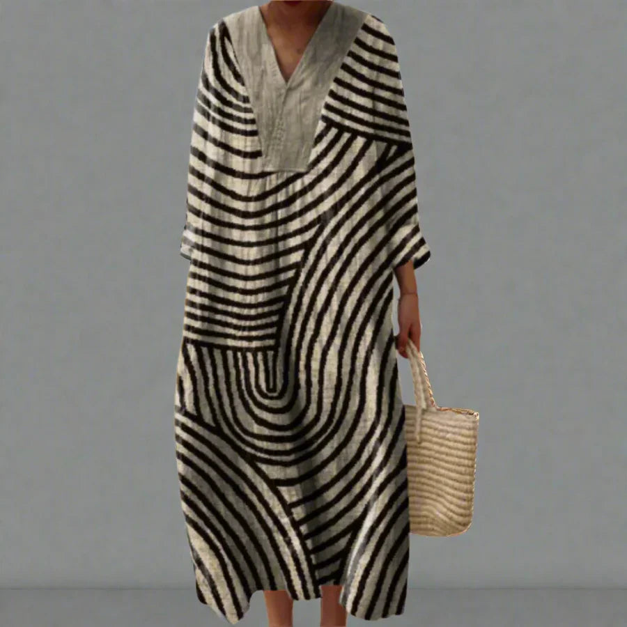 Robe femme longue fluide imprimé géométrique col V manches longues décontractée