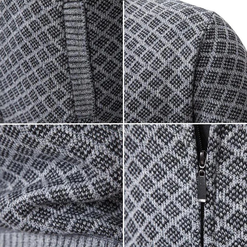 Cardigan Homme Zippé Col Montant Tricot Jacquard Losangé