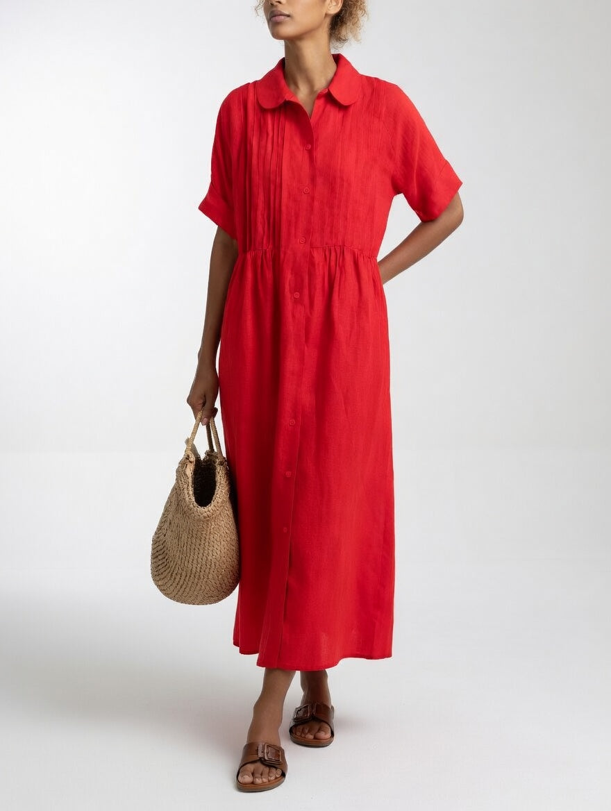Robe chemise longue femme en coton léger à col classique