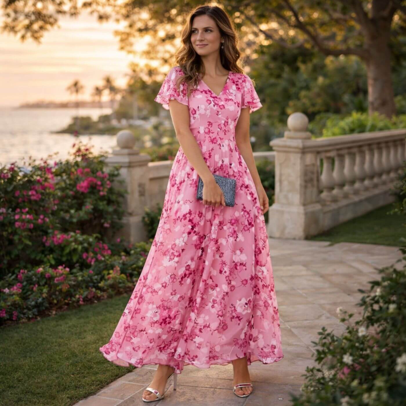 Robe Maxi Fleurie Élégante avec Décolleté en V Fluide