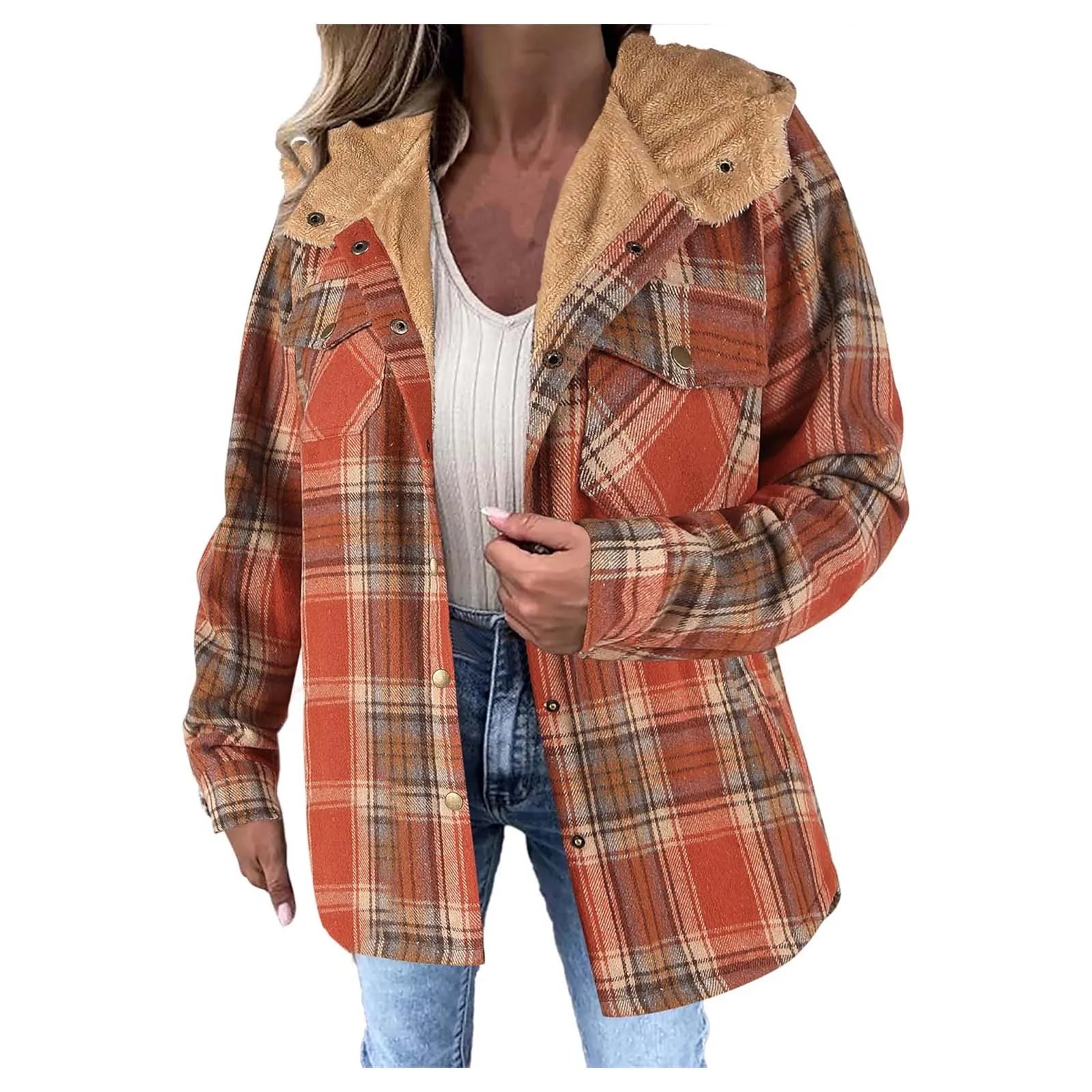Veste femme à carreaux doublée polaire – manteau chaud à capuche hiver