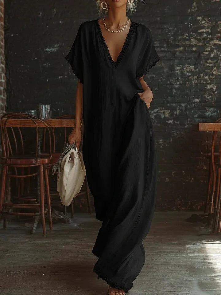 Robe longue femme fluide à col V avec finitions dentelle