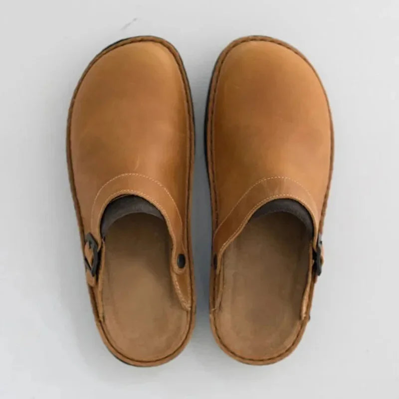 Mules Homme Cuir Vieilli Bout Fermé Bride Boucle Semelle Épaisse