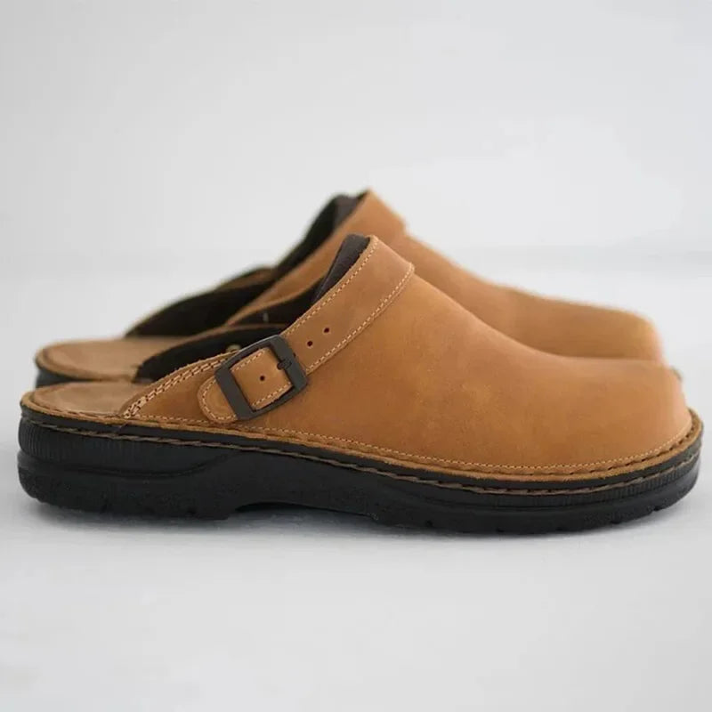 Mules Homme Cuir Vieilli Bout Fermé Bride Boucle Semelle Épaisse
