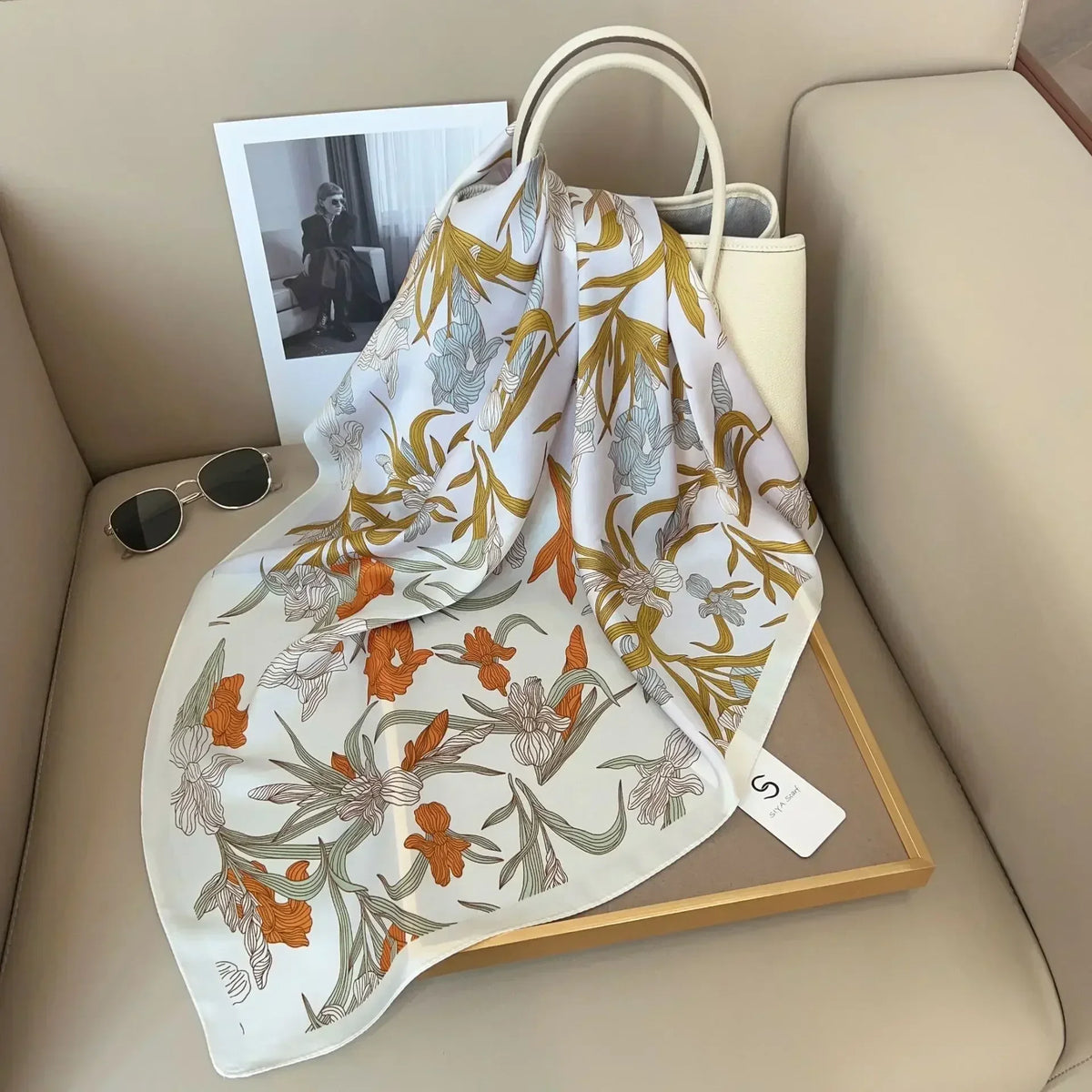 Foulard carré femme en satin imprimé pour cheveux et sac