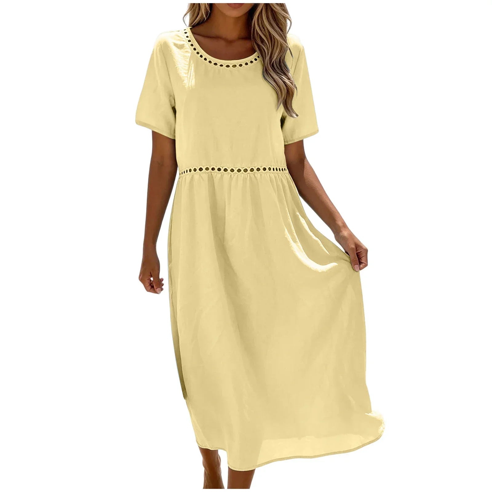 Robe longue femme coton mélangé à détails ajourés