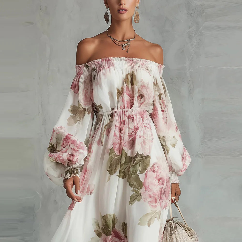 Robe maxi femme épaules dénudées à imprimé floral