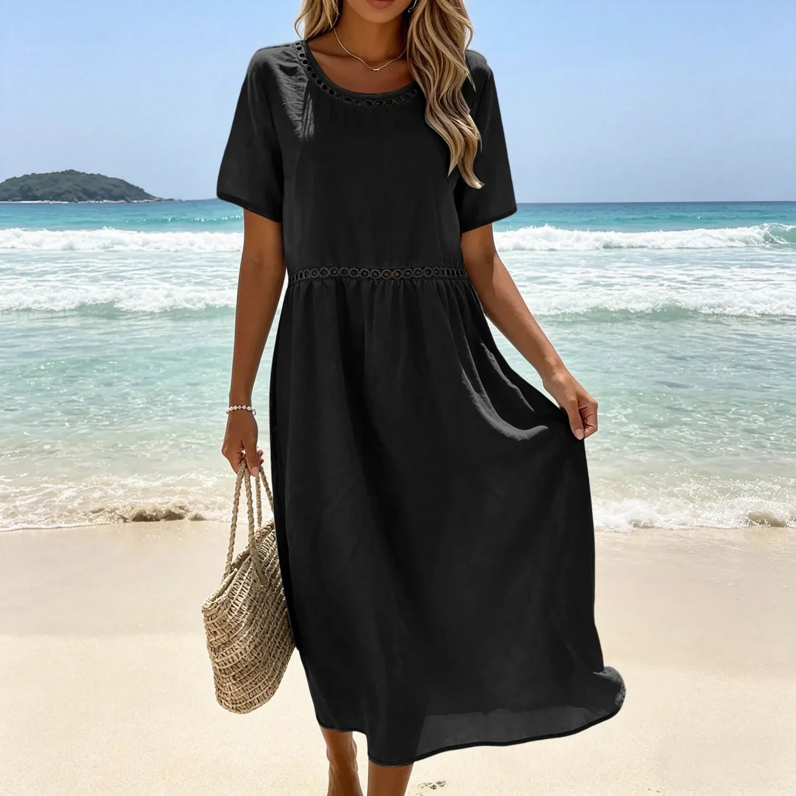 Robe longue femme coton mélangé à détails ajourés