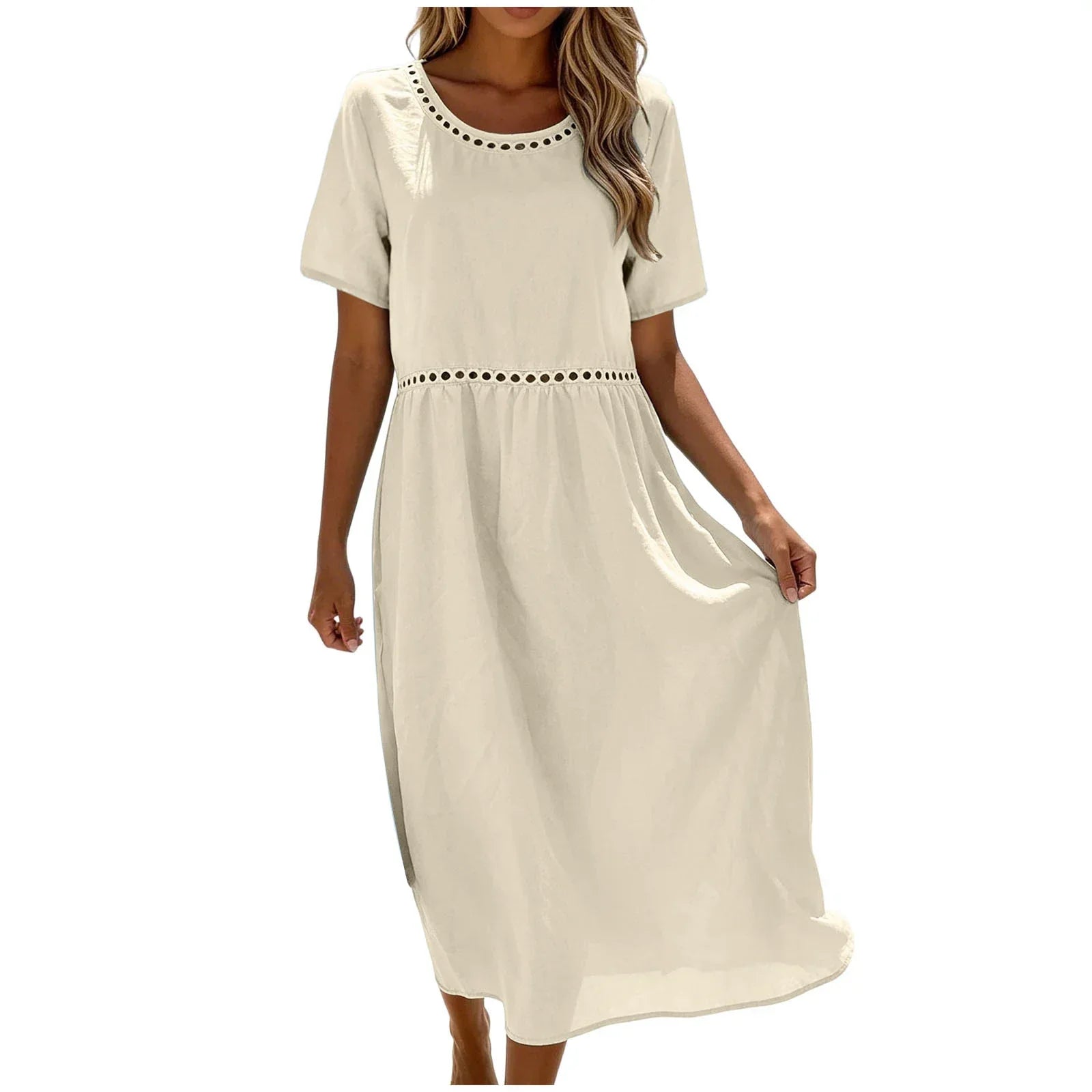 Robe longue femme coton mélangé à détails ajourés