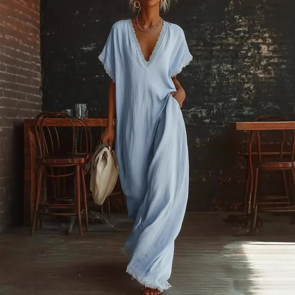 Robe longue femme fluide à col V avec finitions dentelle