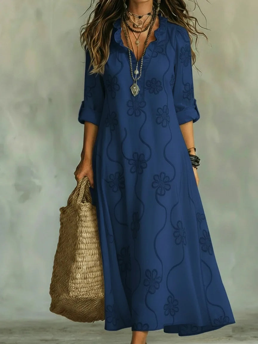 Robe longue femme brodée florale à coupe fluide