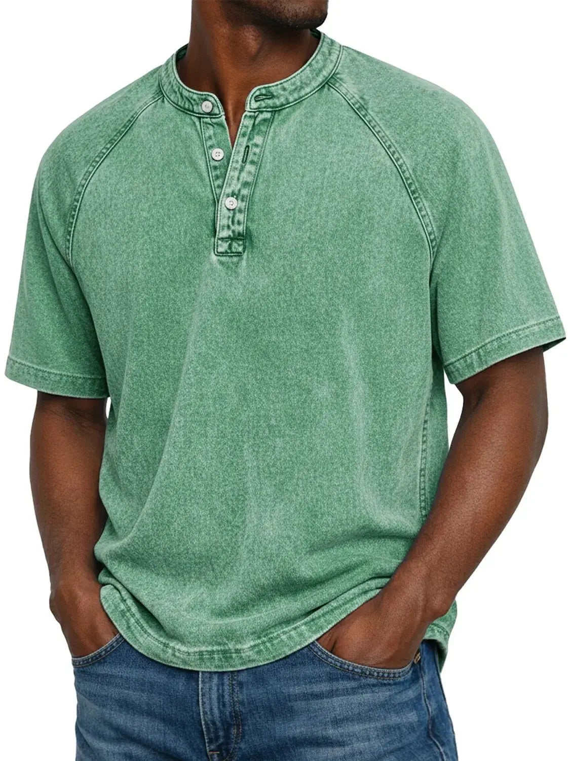 T-Shirt Homme Col Henley Effet Délavé Vintage Manches Courtes
