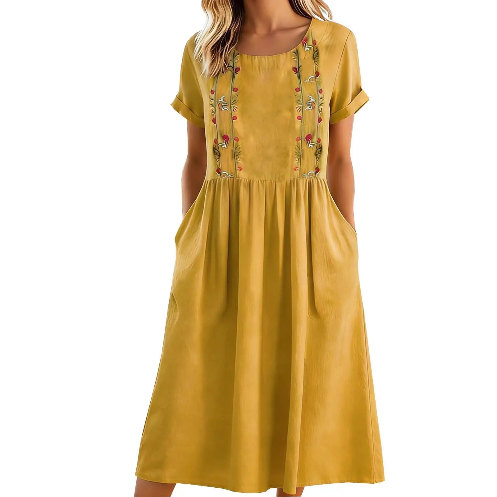 Robe midi femme brodée à poches et coupe A-line