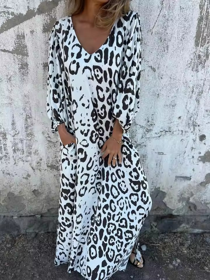 Robe femme longue fluide imprimé léopard col V manches longues – décontractée chic
