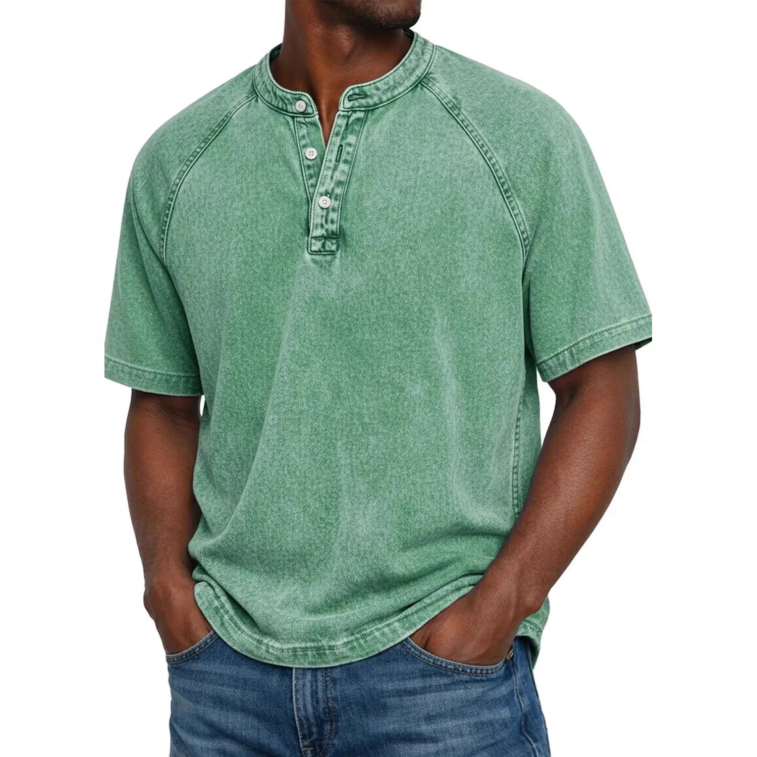 T-Shirt Homme Col Henley Effet Délavé Vintage Manches Courtes