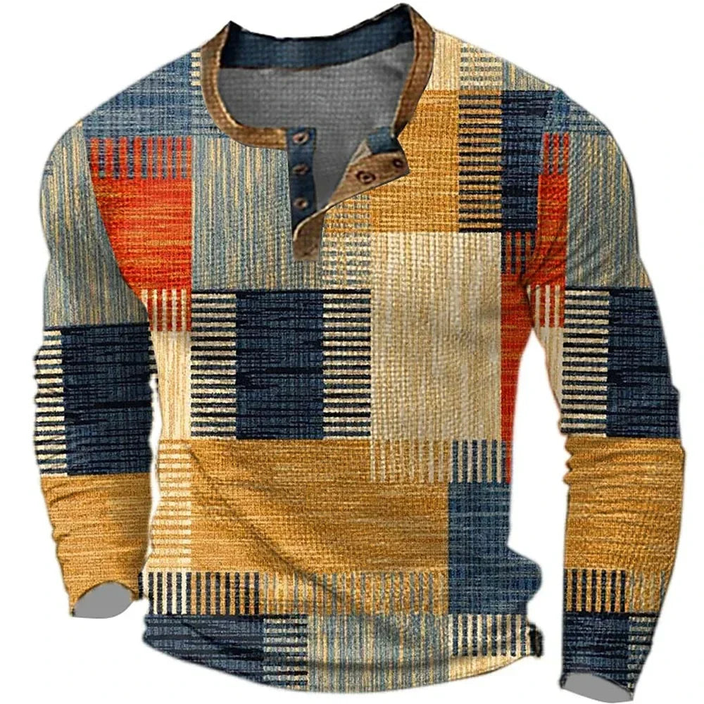 T-Shirt Homme Col Henley Patchwork Géométrique Manches Longues