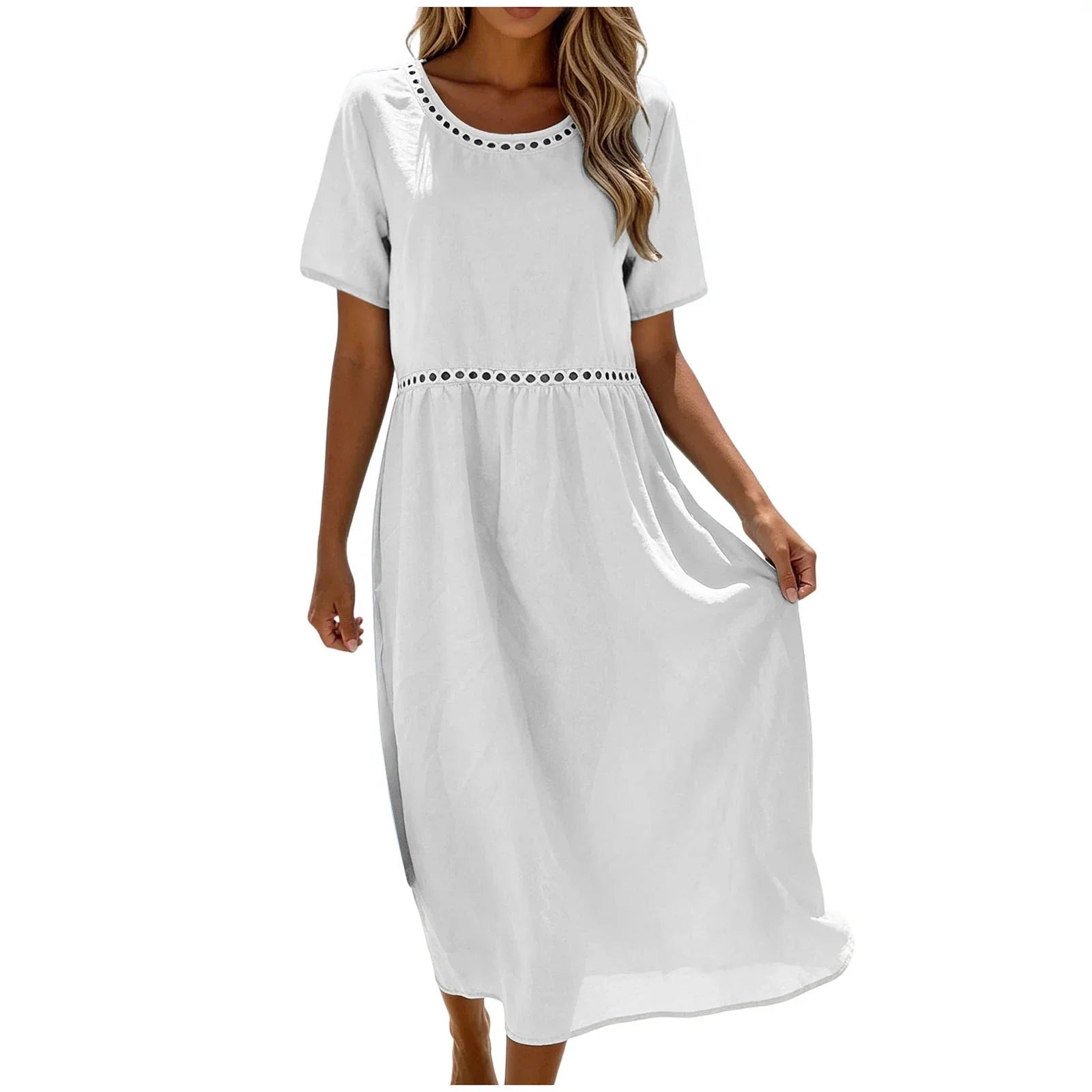 Robe longue femme coton mélangé à détails ajourés