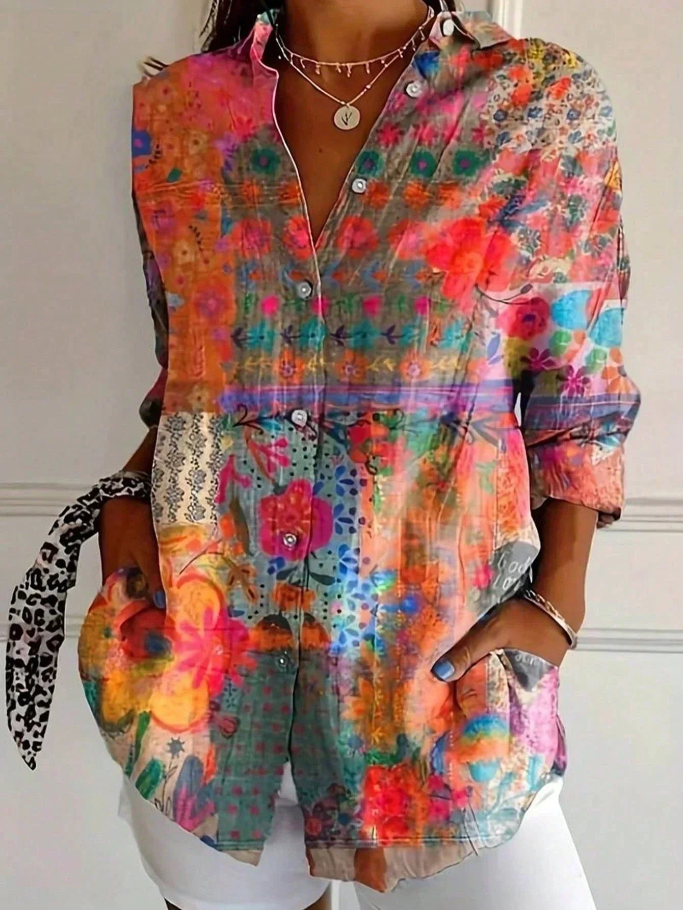 Blouse Femme Imprimée Colorée Coupe Fluide Boutonnée Style Décontracté