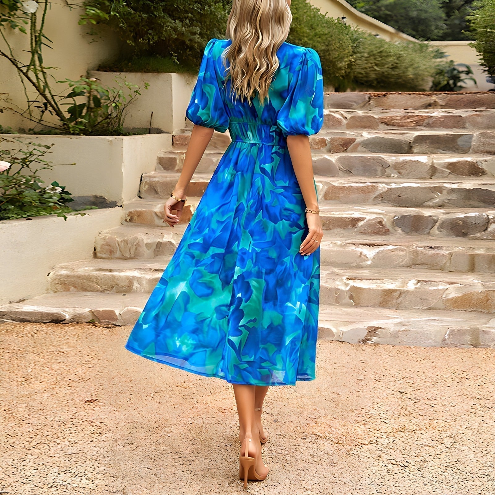 Robe Midi Femme Élégante Imprimée Col V Taille Empire pour Style Chic Été