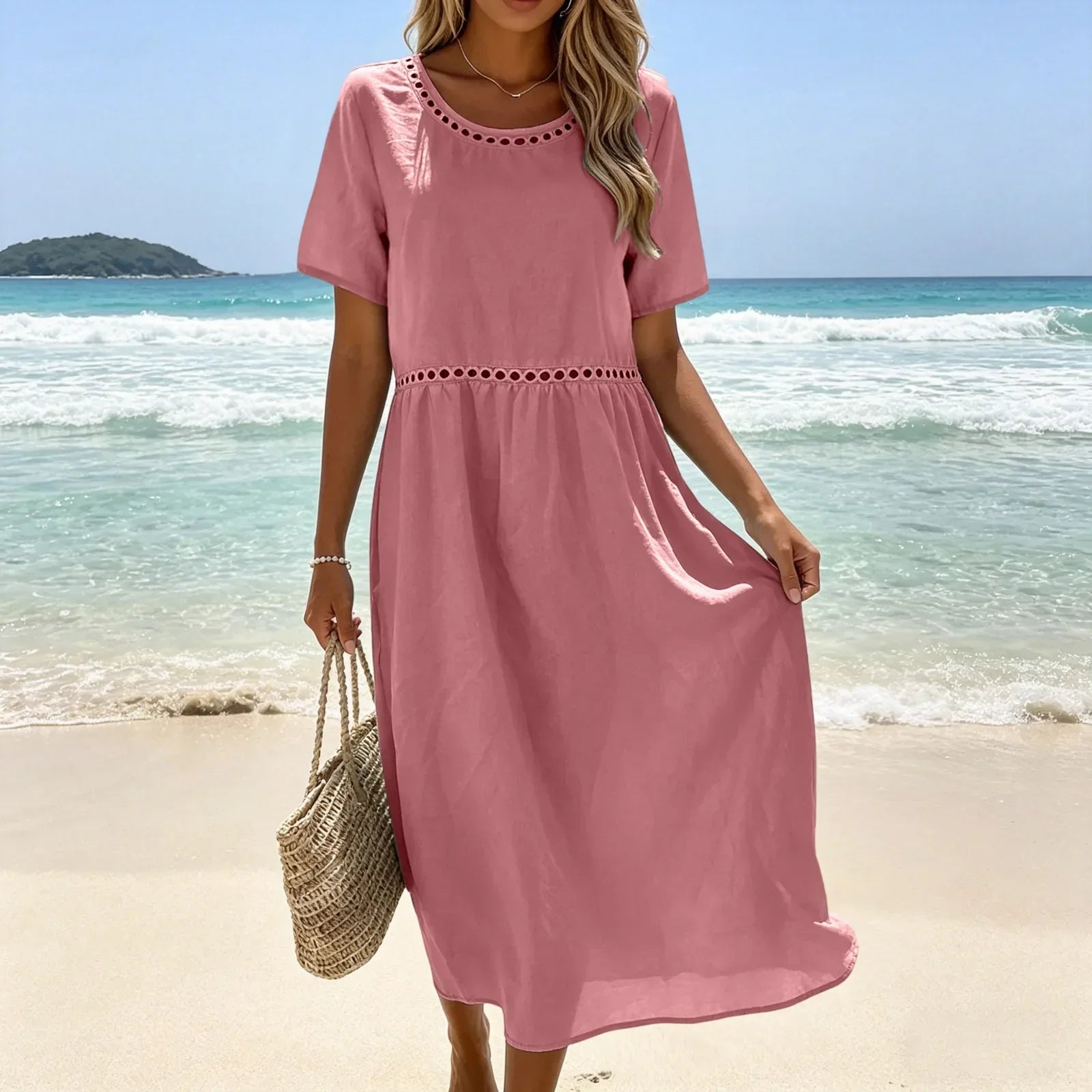 Robe longue femme coton mélangé à détails ajourés