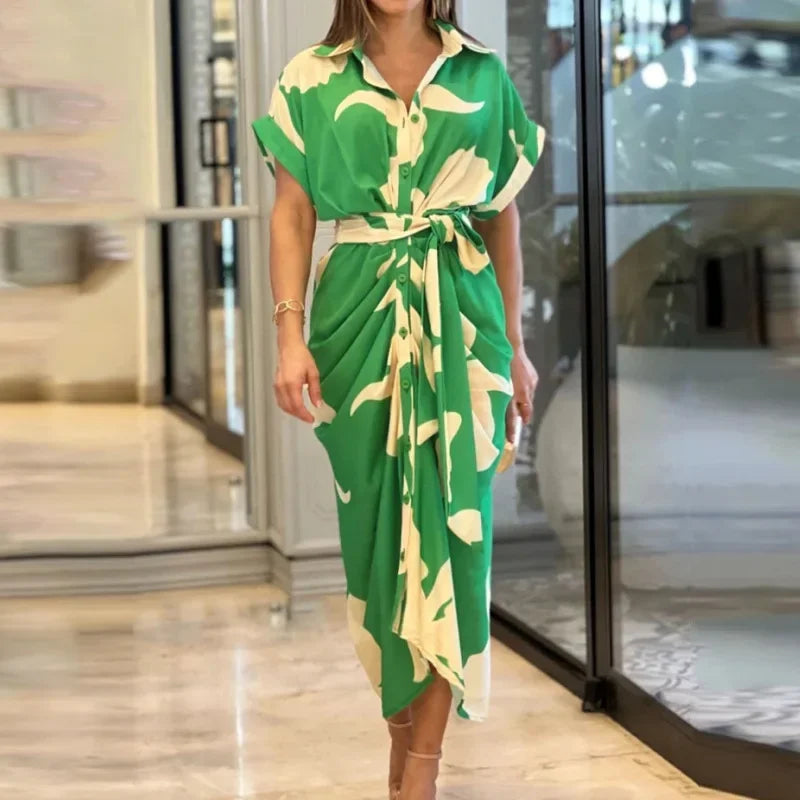 Robe femme midi imprimée ceinturée col chemise manches courtes élégante chic