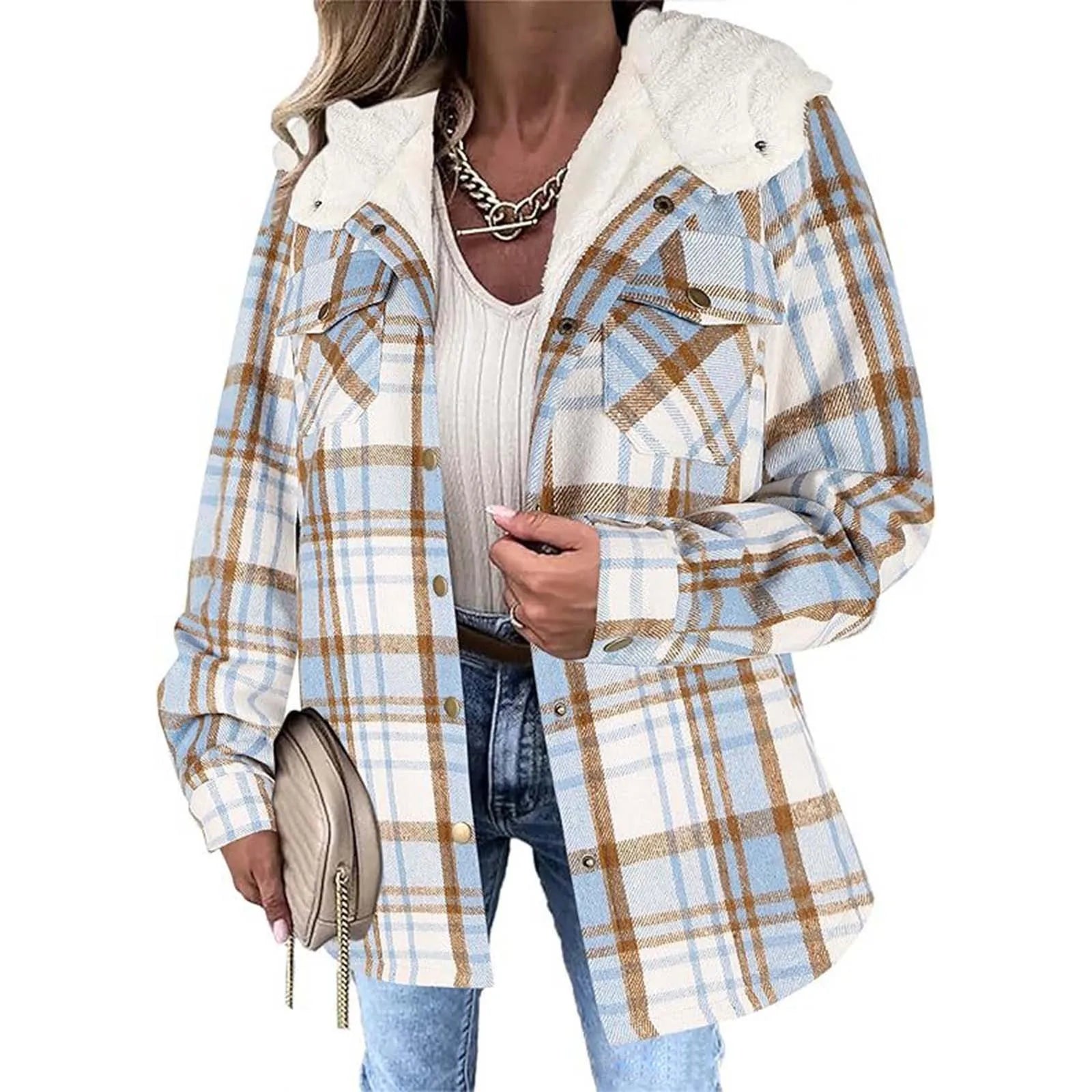 Veste femme à carreaux doublée polaire – manteau chaud à capuche hiver