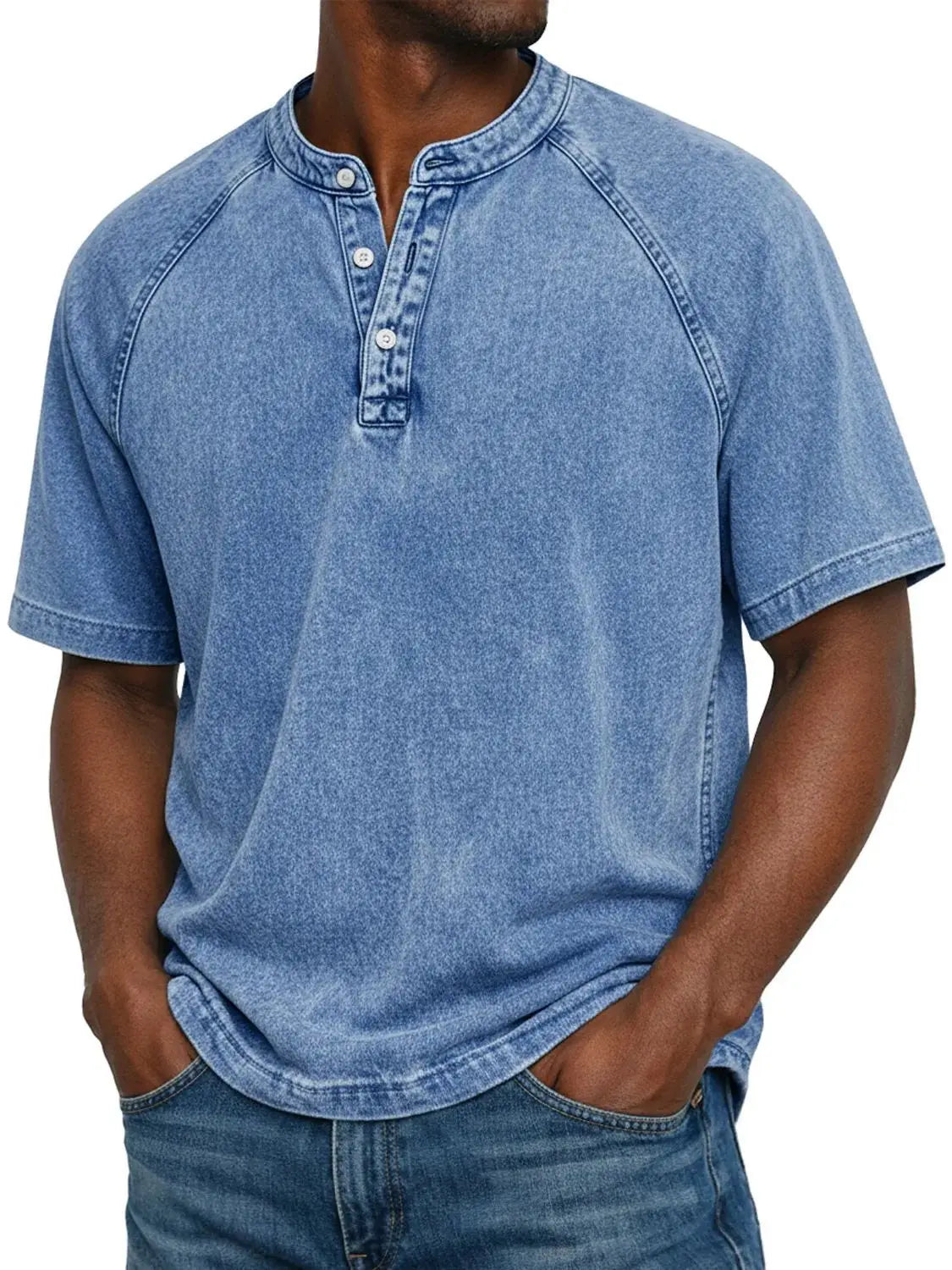 T-Shirt Homme Col Henley Effet Délavé Vintage Manches Courtes