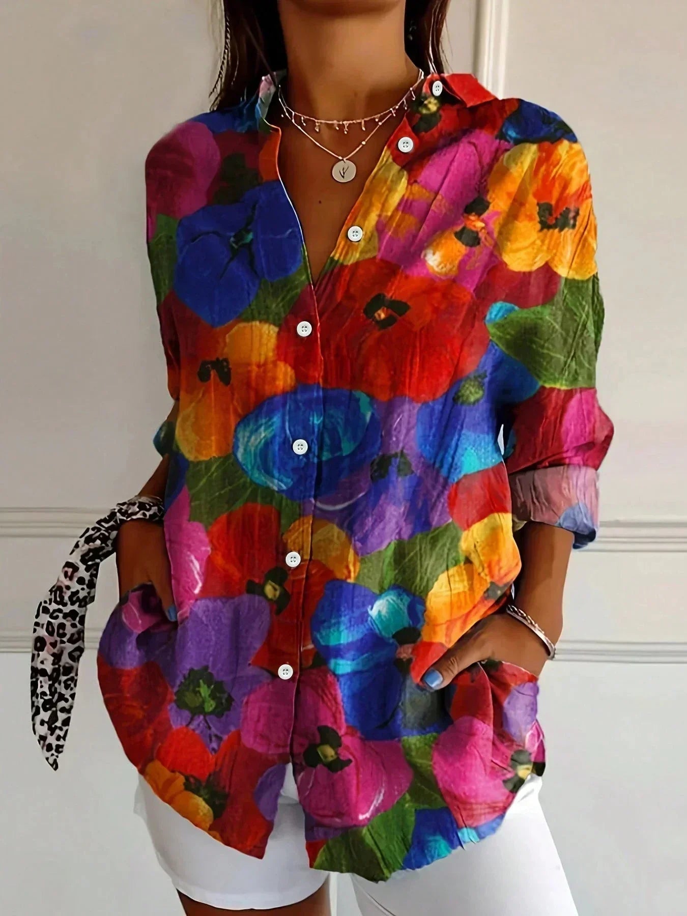 Blouse Femme Imprimée Colorée Coupe Fluide Boutonnée Style Décontracté