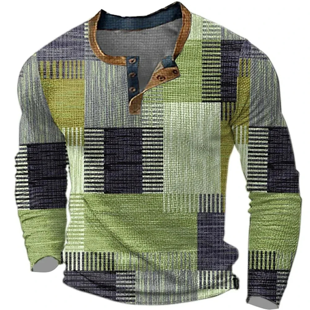 T-Shirt Homme Col Henley Patchwork Géométrique Manches Longues