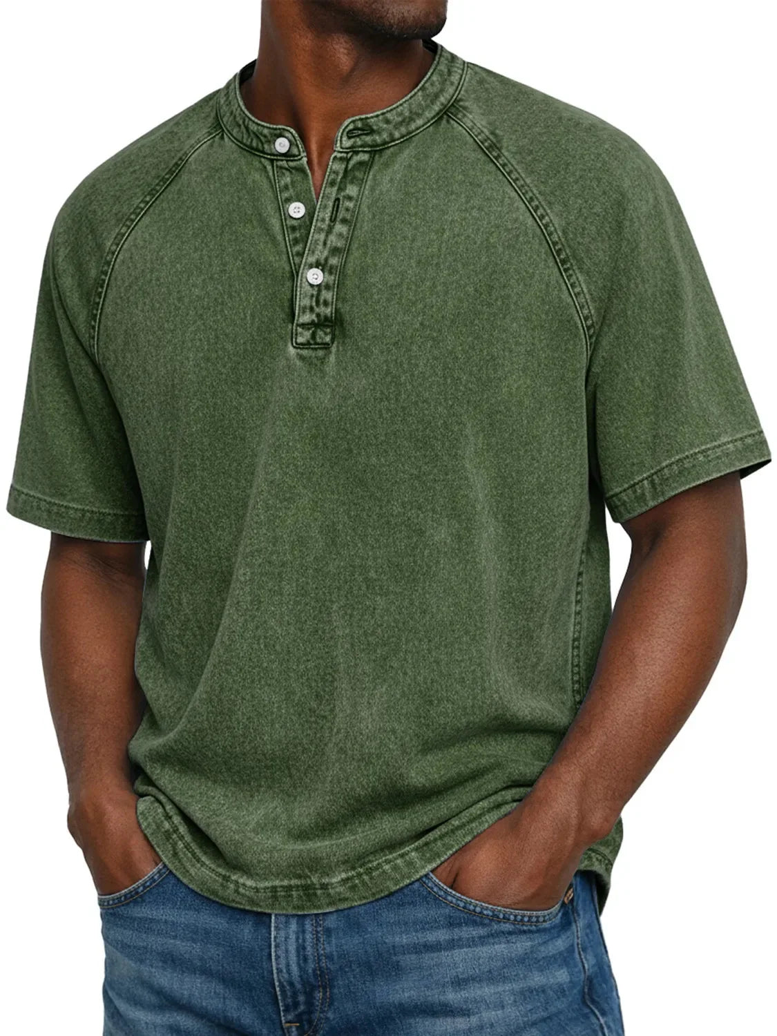T-Shirt Homme Col Henley Effet Délavé Vintage Manches Courtes
