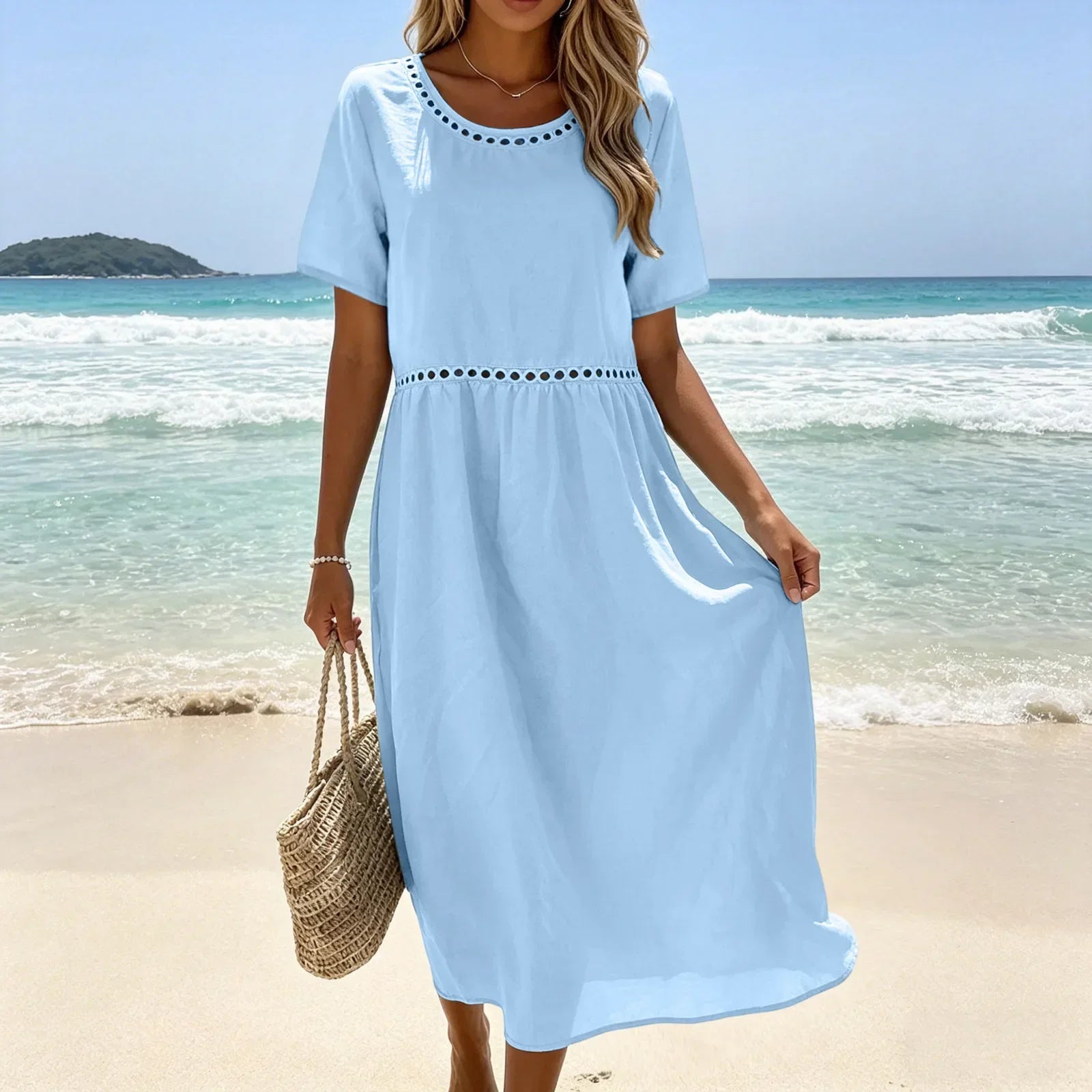 Robe longue femme coton mélangé à détails ajourés