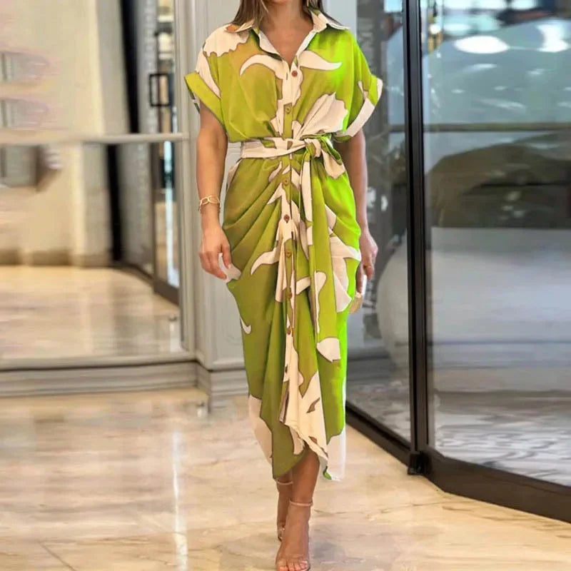 Robe femme midi imprimée ceinturée col chemise manches courtes élégante chic
