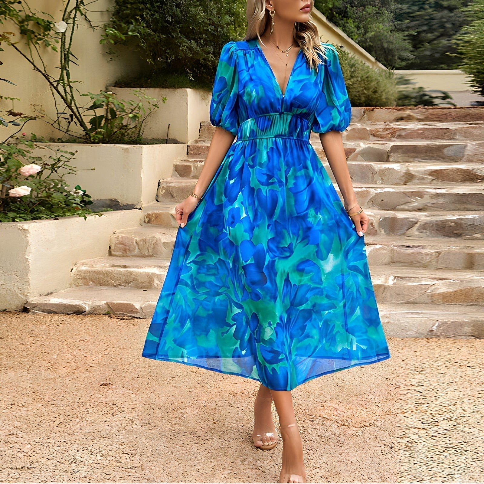 Robe Midi Femme Élégante Imprimée Col V Taille Empire pour Style Chic Été