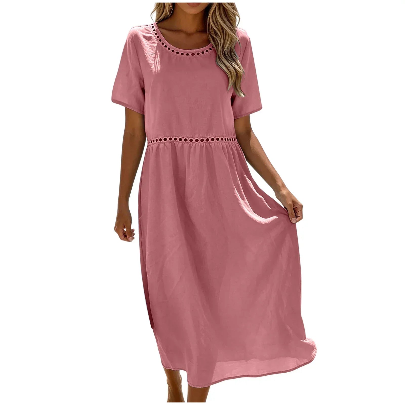 Robe longue femme coton mélangé à détails ajourés
