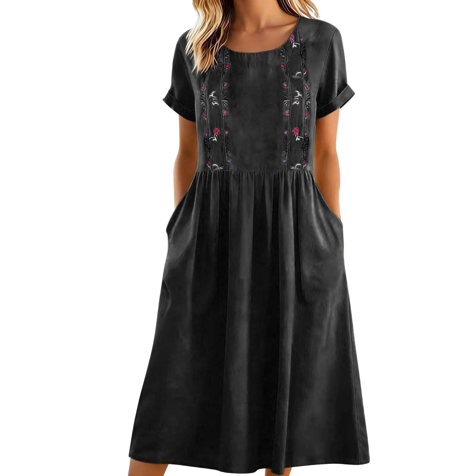 Robe midi femme brodée à poches et coupe A-line