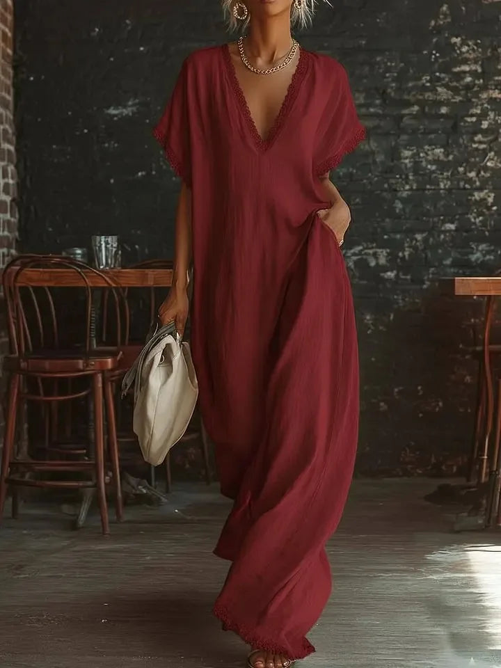 Robe longue femme fluide à col V avec finitions dentelle